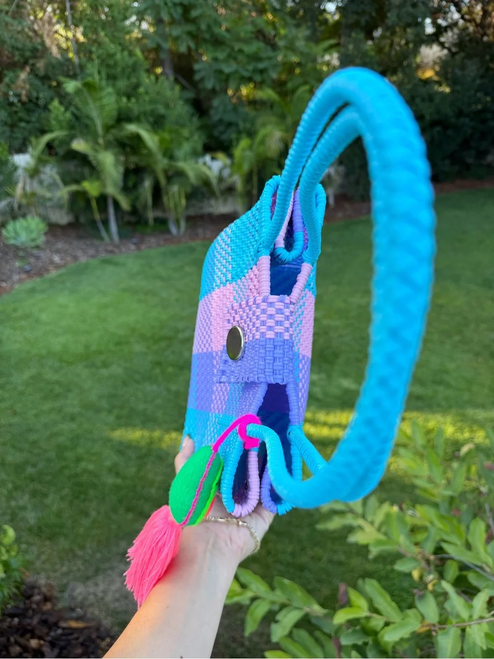 Turquoise Pink Purple Woven Tote with Tassel Charm
